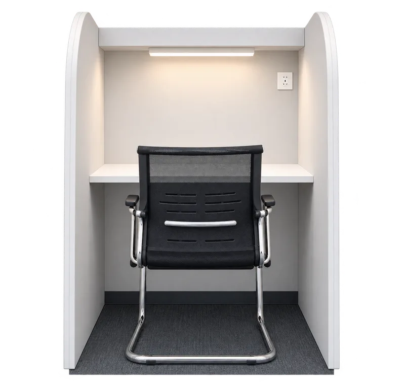 An empty Shanvi study cabin: white side walls, a lamp strip above a wide desk, a wall socket and a black mesh chair.
