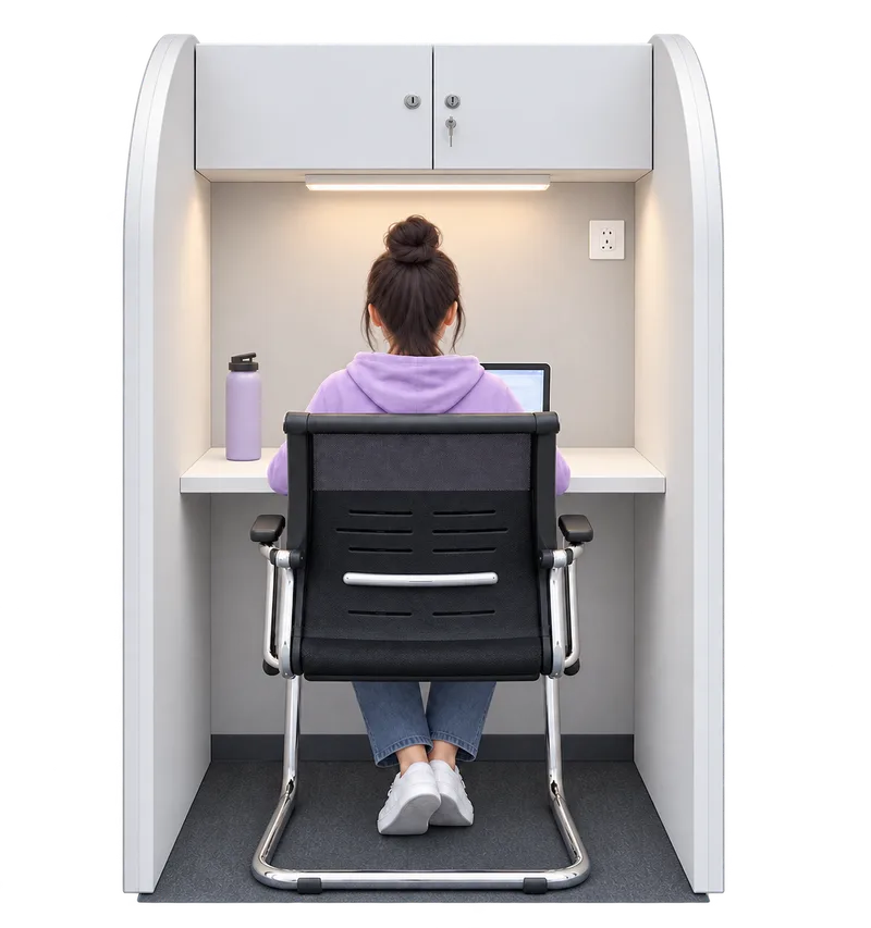 A student in a premium cabin with a cupboard overhead.