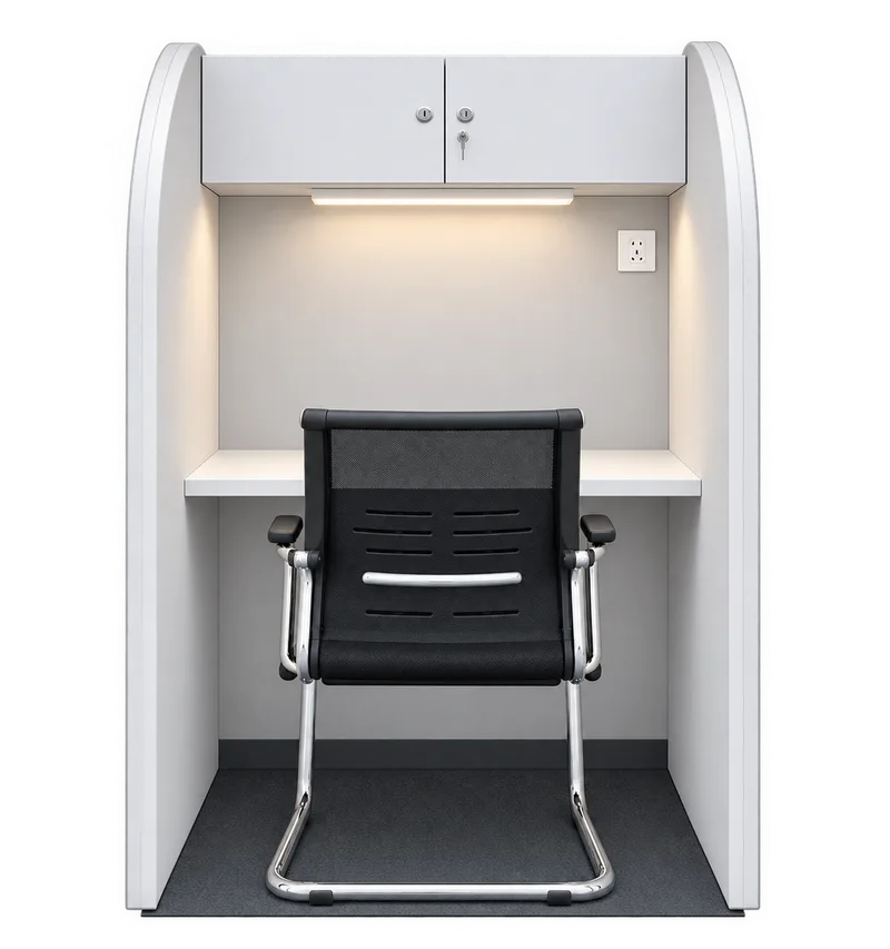 A premium cabin with a lockable cupboard above the desk.