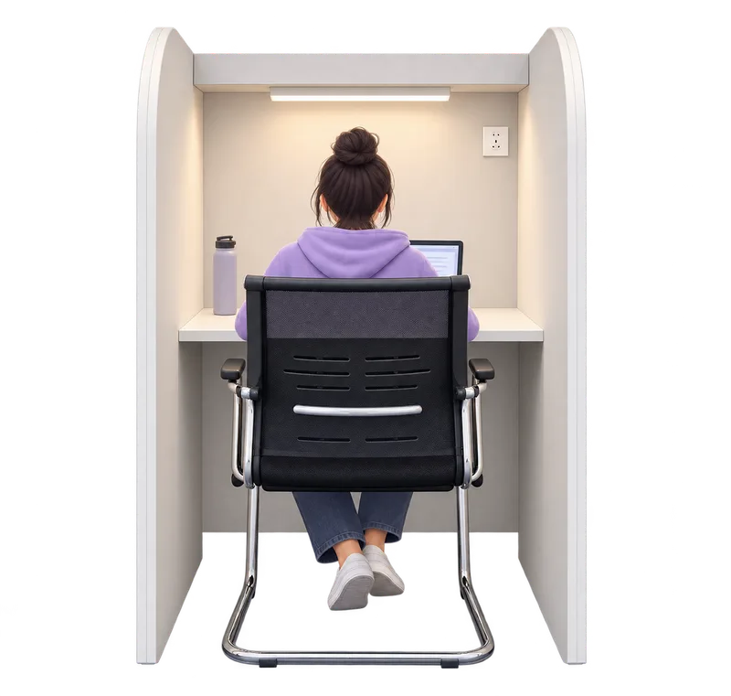 A student with a laptop at a cabin desk, seen from behind.