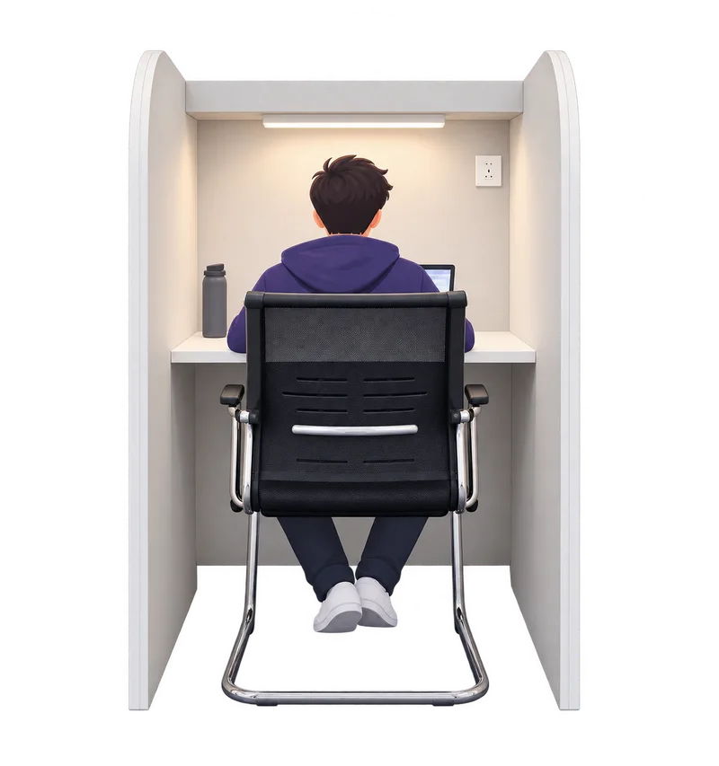 A student at work in a cabin, seen from behind.