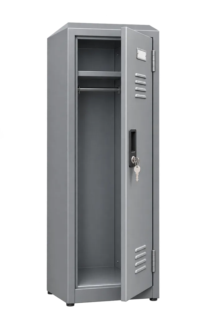 An open steel locker with a key in the door.